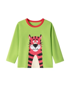 Green long-sleeve cotton T-shirt for boys featuring a large cartoon tiger print