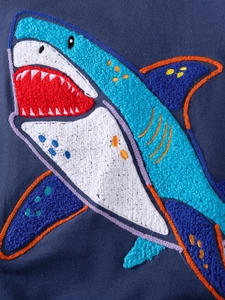 Dark blue cotton sweatshirt for boys featuring a colorful 3D shark chenille embroidery patch