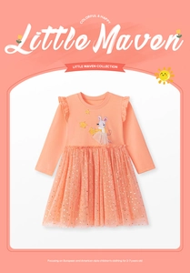 Dettaglio ricamo topo e stelle su un abito in tulle rosa a maniche lunghe da bambina