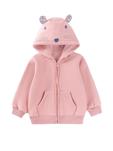 Pink hooded fleece jacket for toddlers featuring cute animal ears and floral lining