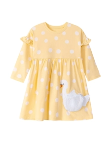 Vibrant yellow long sleeve polka dot cotton dress with swan pocket for girls