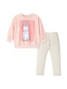 Pink toddler sweatshirt with bunny print and off-white ribbed trousers two-piece set