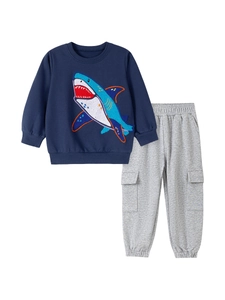 Boys' navy blue shark sweatshirt and grey cargo joggers set in premium soft cotton