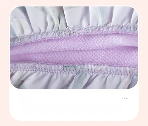 Detailed close-up showing reinforced double-needle stitching on purple cotton fabric