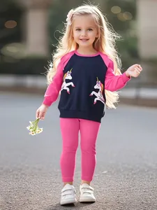 Girls Casual Cotton Long Sleeve Unicorn Applique Sweatshirt With Matching Pants Autumn Fashion Girls Outfit Top And Trousers
