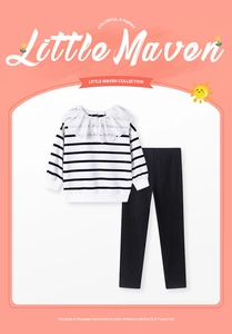 Detail of girls' striped long sleeve set with white hollow lace embroidery collar design