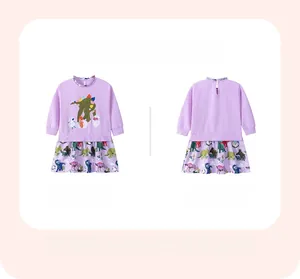 Detailed front and back views of girls purple cotton dress with colorful dinosaur prints