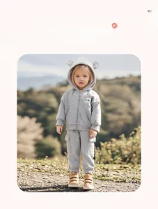 Détail d'un sweat à capuche gris pour enfant avec oreilles 3D et écusson panda