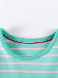Striped long-sleeve cotton dress for baby girls featuring mint green and white patterns