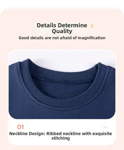Macro detail of ribbed neckline with flatlock seam on boys dark blue sweatshirt