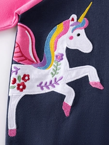 Kids long sleeve shirt in navy blue with pink raglan sleeves and unicorn embroidery