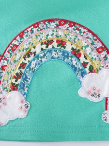 Long-sleeve striped cotton toddler dress with floral rainbow and cloud embroidery detail