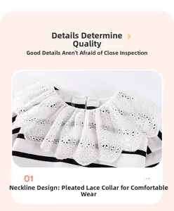 Detailed view of striped cotton baby top featuring an intricate white floral lace collar
