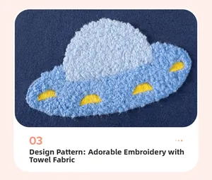 Detail of chenille embroidery UFO patch on dark blue cotton sweatshirt for boys