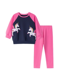 Kids long sleeve set with navy unicorn sweatshirt and pink pants for casual wear