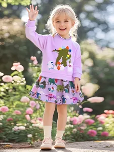 Little Girls Cotton Long Sleeve Dress Ruffle Collar Dinosaur Applique Printed Patchwork Sweatshirt Dresses For 2-7 Years