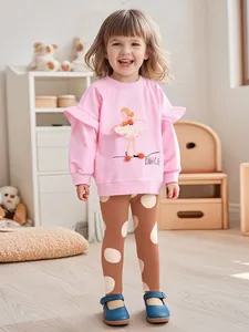 Girls Autumn Long Sleeve Ballerina Sweatshirt And Polka Dot Leggings Two Piece Set Cotton Casual Outfit Kids Clothes