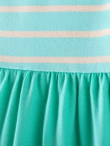 Girl long sleeve striped cotton dress in mint green with pleated knit fabric detail
