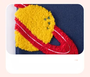 Detailed view of kids navy sweatshirt featuring 3D towel embroidery planet pattern