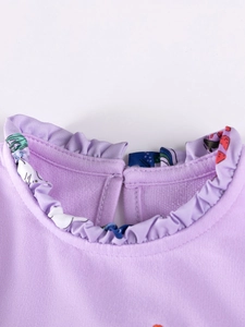 Girl purple cotton dress with ruffle collar and colorful cartoon unicorn print lining