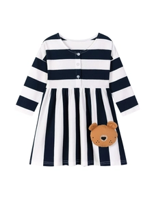 Abito a righe a maniche lunghe da bambina blu navy e bianco con toppa di orsetto