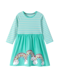 Girls striped long sleeve cotton dress with floral rainbow appliques in mint green