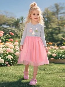 Mädchen Langarm Tüll Kleid Cartoon Tier Maus Druck Patchwork Prinzessin Netzrock Grau Rosa Baumwolle Herbst Kinderbekleidung