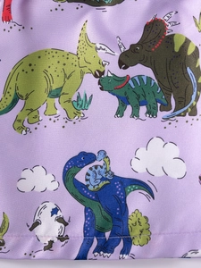 Girls purple cotton dress featuring colorful cartoon dinosaur prints for autumn wear