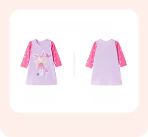 Front and back view of a lavender long-sleeved girls dress with cute rabbit cartoon print