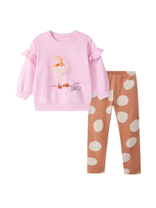 Pink ruffles sweatshirt with ballerina and polka dot pants two-piece autumn girls outfit
