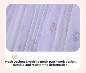 Detail of light purple mesh fabric featuring colorful polka dots for girls' dress