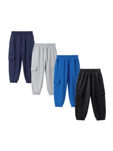 Boys solid color cargo jogger pants in navy blue, grey, royal blue, and black multi-pack