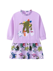 Lavender long-sleeve cotton girl dress with dinosaur embroidery and ruffled neckline
