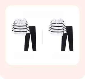 Close-up of girls' striped long-sleeve top with decorative white lace collar detail