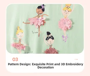 Dettaglio dell'abito verde da bambina con ballerine e ricamo 3D di petali rosa