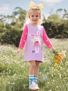 Toddler Girls Long Sleeve Cotton Dress Patchwork Cartoon Rabbit Applique Mesh Princess Dress For Autumn Casual Daily Wear