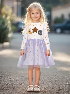 Girls Long Sleeve Cotton Mesh Dress Colorful Polka Dots Applique Celestial Patchwork Tulle Princess Dress For Toddler Kids