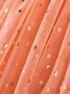 Abito da principessa in tulle rosa corallo per bambina con paillettes dorate lucide