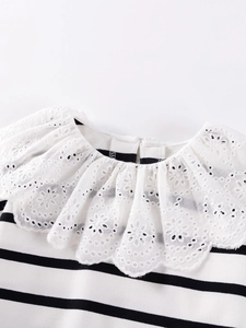Striped long sleeve girls clothing set with white eyelet lace collar and ruffles