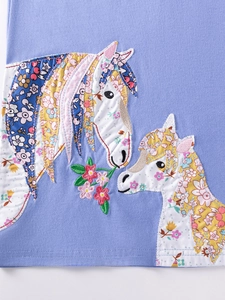 Abito viola in cotone per bambina con applicazioni floreali a forma di cavallo