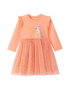 Abito in tulle a maniche lunghe per bambine rosa corallo con ricamo a stella e volant