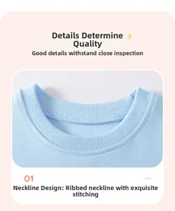 Close-up of the ribbed crewneck and flatlock stitching on this blue cotton girl's sweater