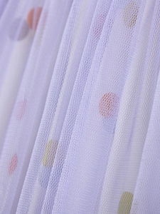 Girl's purple mesh dress with colorful polka dots, lightweight and breathable fabric