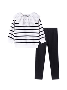 Girls' two-piece autumn striped long sleeve set with elegant white lace collar and pants