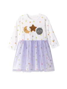Girl's long-sleeve dress featuring colorful polka dots and a purple tulle mesh skirt