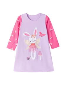 Girl's long sleeve cotton dress with purple body, pink floral sleeves and bunny embroidery