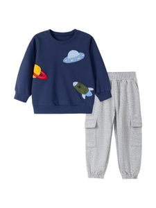 Navy blue boys space sweatshirt with rocket embroidery and grey cargo joggers set