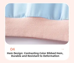 Detail of baby sweatshirt contrast hem with light blue fabric and pink ribbed texture