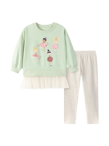 Set bambina 2 pezzi con felpa tutù verde menta, ricamo ballerina e pantaloni lunghi grigi