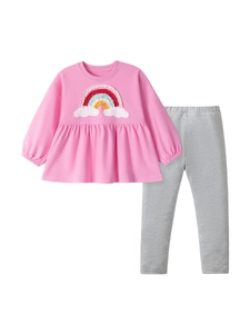 Girls pink long sleeve sweatshirt with rainbow embroidery and grey leggings set